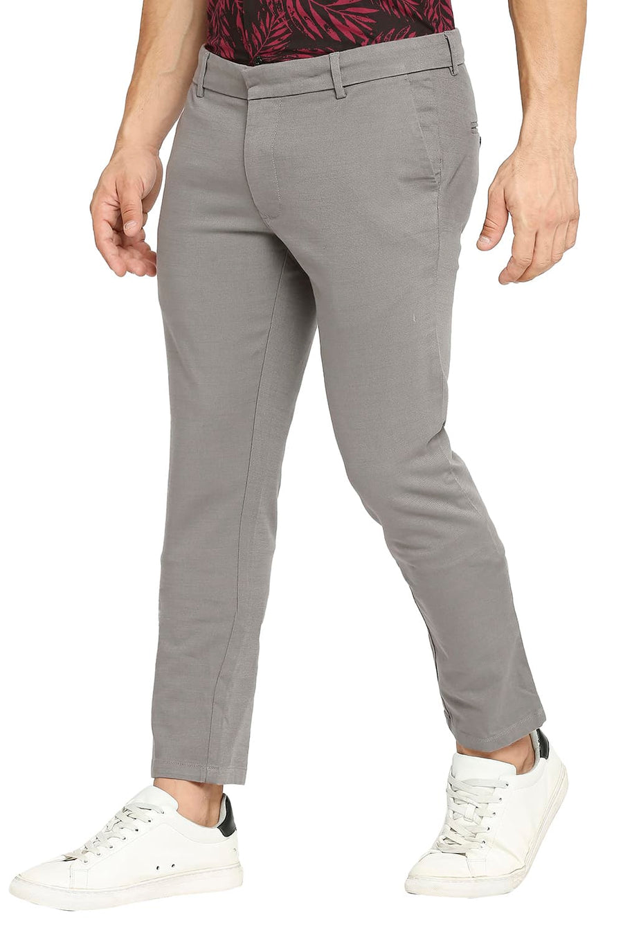 BASICS TAPERED FIT GARGOYLE GREY COTTON VISCOSE STRETCH DOBBY TROUSERS