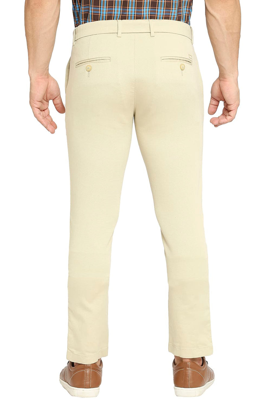 BASICS TAPERED FIT BEIGE WOOD COTTON TENCEL STRETCH DOBBY TROUSERS