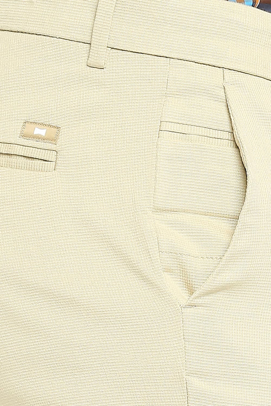 BASICS TAPERED FIT BEIGE WOOD COTTON TENCEL STRETCH DOBBY TROUSERS