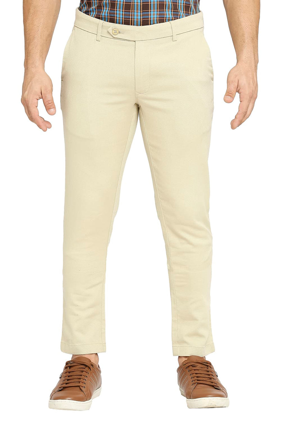 BASICS TAPERED FIT BEIGE WOOD COTTON TENCEL STRETCH DOBBY TROUSERS