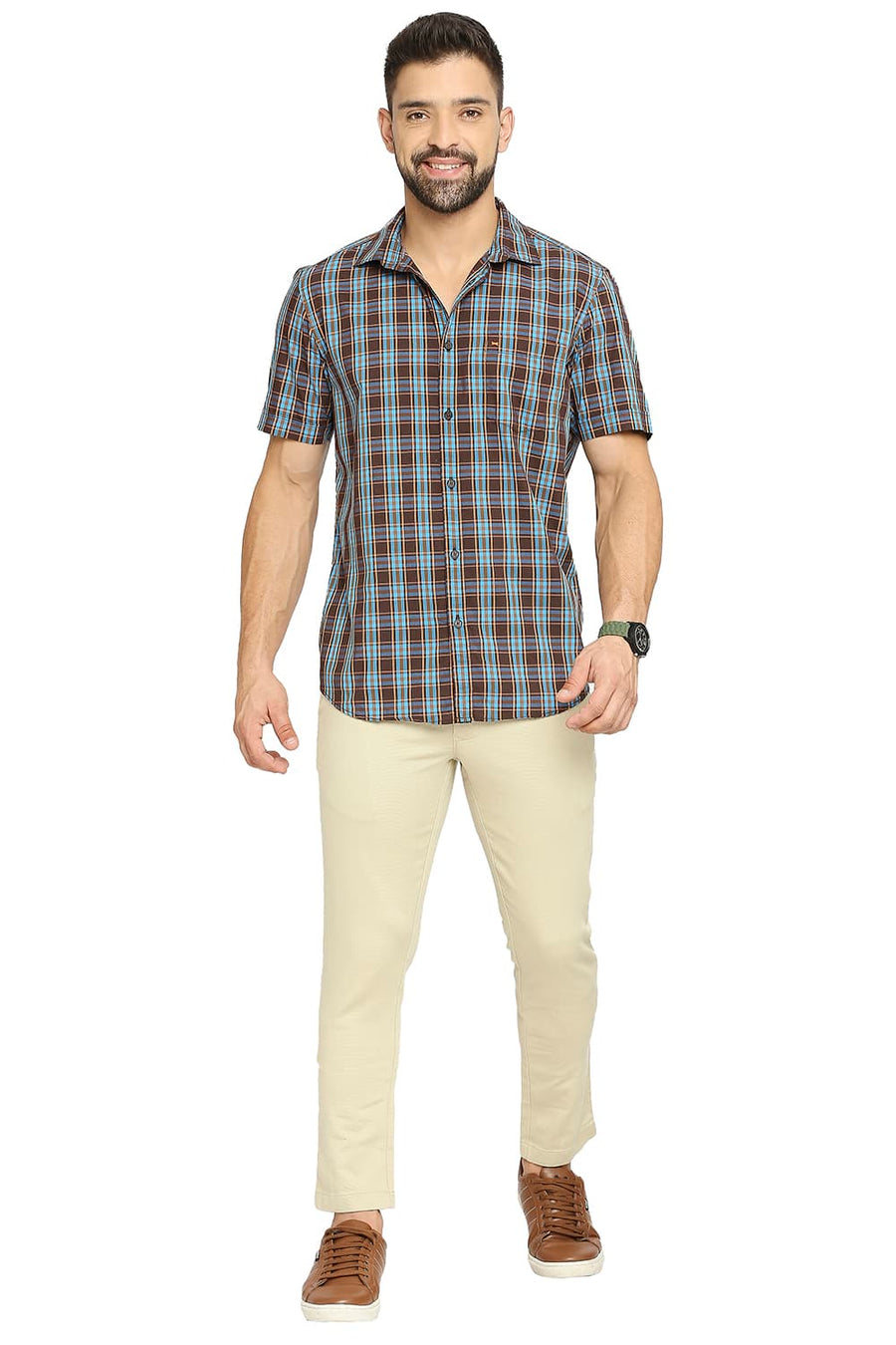 BASICS TAPERED FIT BEIGE WOOD COTTON TENCEL STRETCH DOBBY TROUSERS