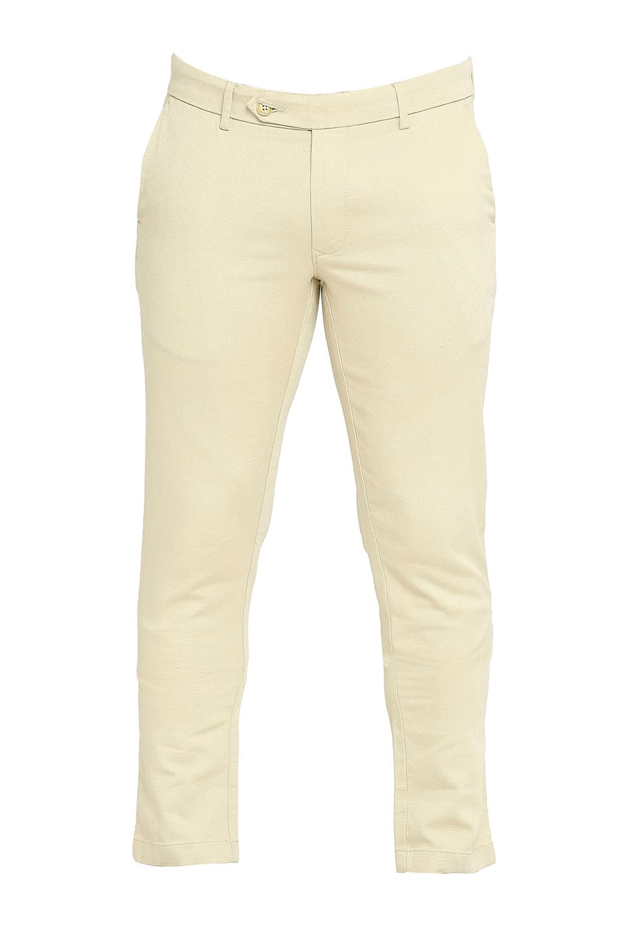 BASICS TAPERED FIT BEIGE WOOD COTTON TENCEL STRETCH DOBBY TROUSERS