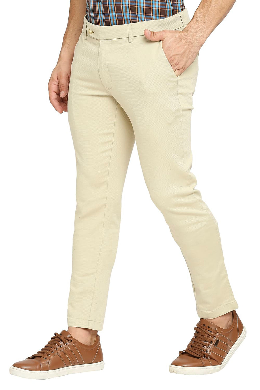 BASICS TAPERED FIT BEIGE WOOD COTTON TENCEL STRETCH DOBBY TROUSERS