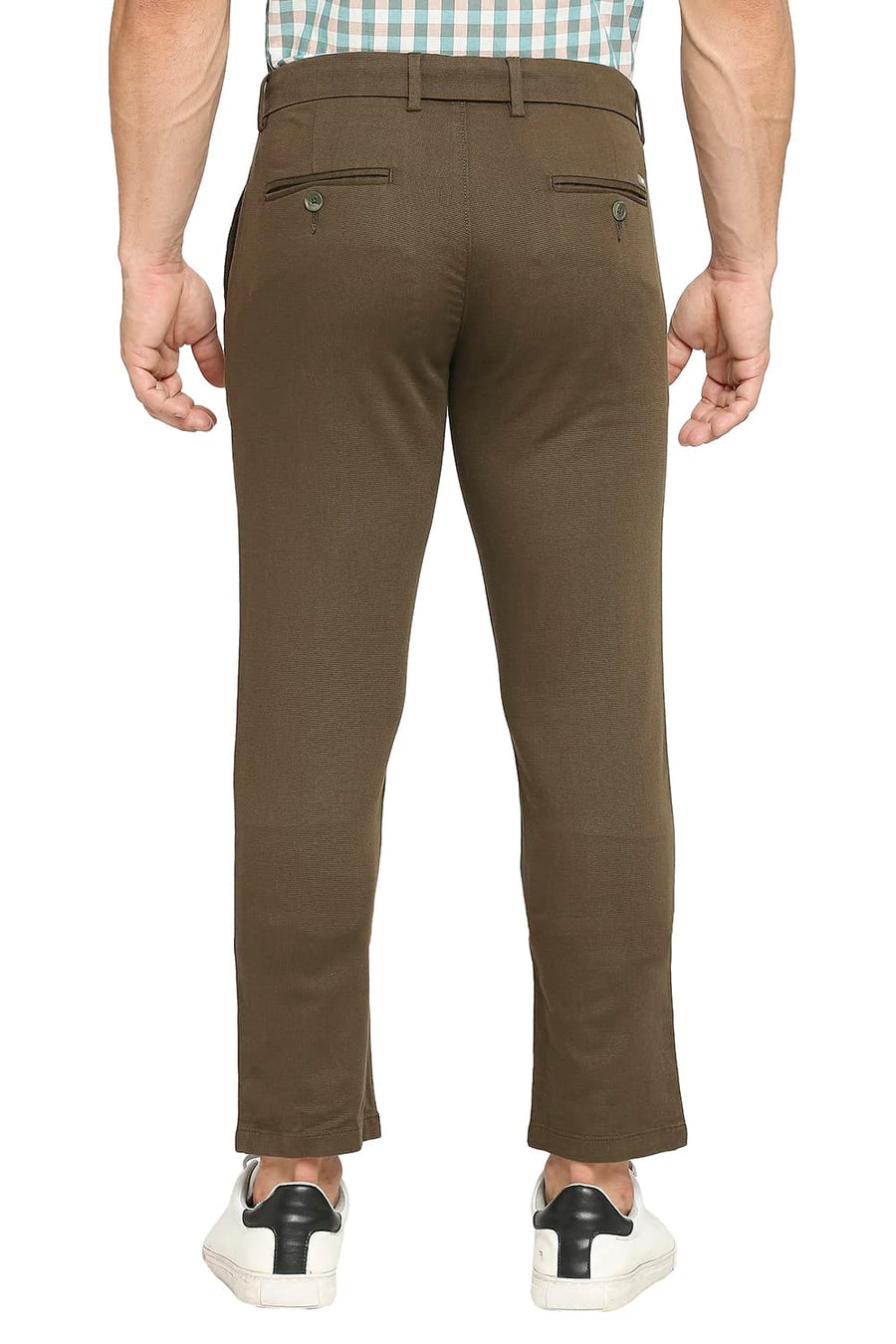 BASICS TAPERED FIT DARK OLIVE GREEN COTTON TENCEL STRETCH DOBBY TROUSERS