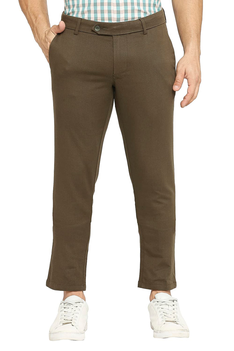 BASICS TAPERED FIT DARK OLIVE GREEN COTTON TENCEL STRETCH DOBBY TROUSERS