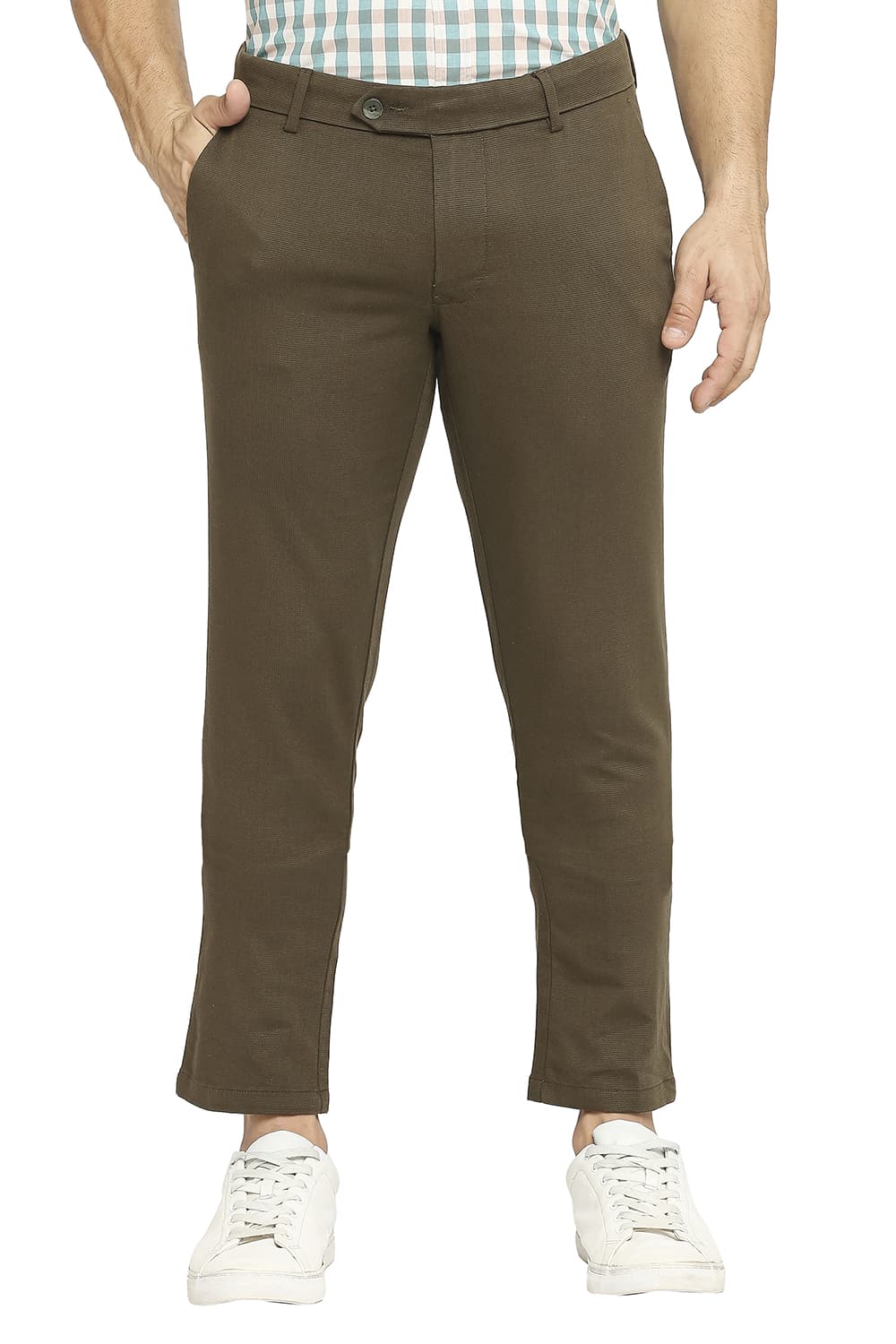 BASICS TAPERED FIT COTTON TENCEL STRETCH DOBBY TROUSERS