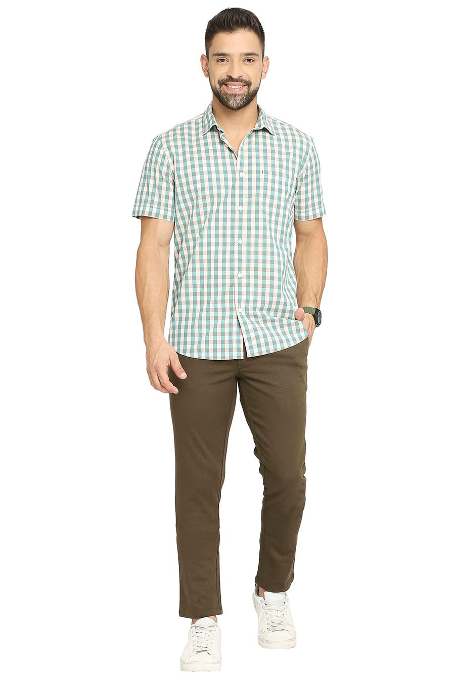 BASICS TAPERED FIT DARK OLIVE GREEN COTTON TENCEL STRETCH DOBBY TROUSERS