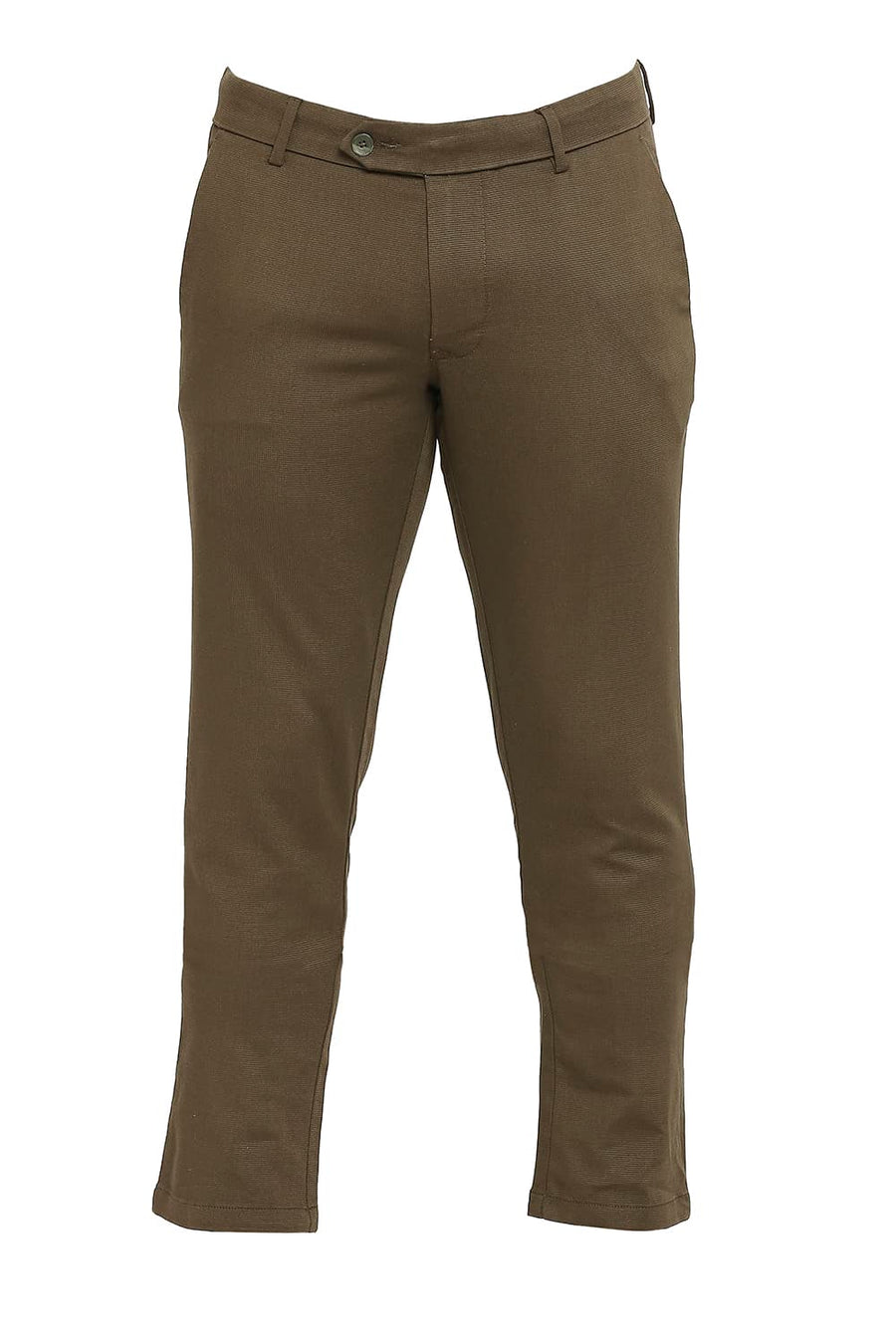 BASICS TAPERED FIT DARK OLIVE GREEN COTTON TENCEL STRETCH DOBBY TROUSERS