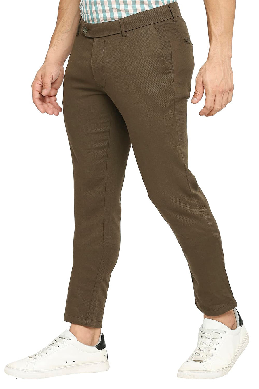 BASICS TAPERED FIT DARK OLIVE GREEN COTTON TENCEL STRETCH DOBBY TROUSERS
