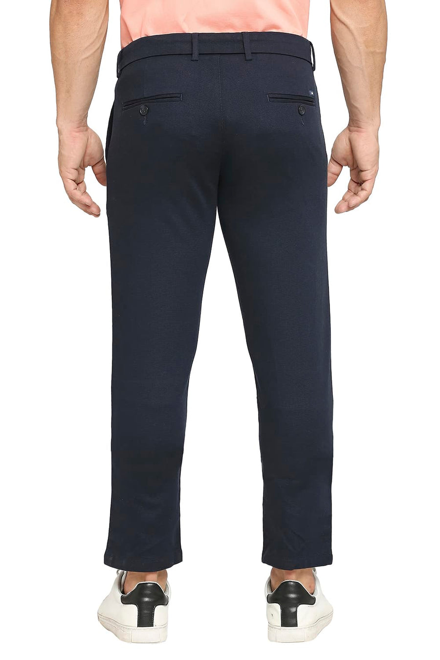 BASICS TAPERED FIT NAVY NIGHT COTTON TENCEL STRETCH DOBBY TROUSERS