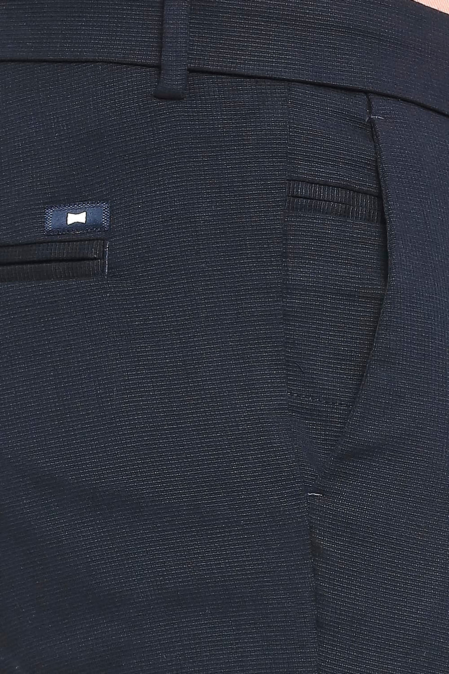 BASICS TAPERED FIT NAVY NIGHT COTTON TENCEL STRETCH DOBBY TROUSERS