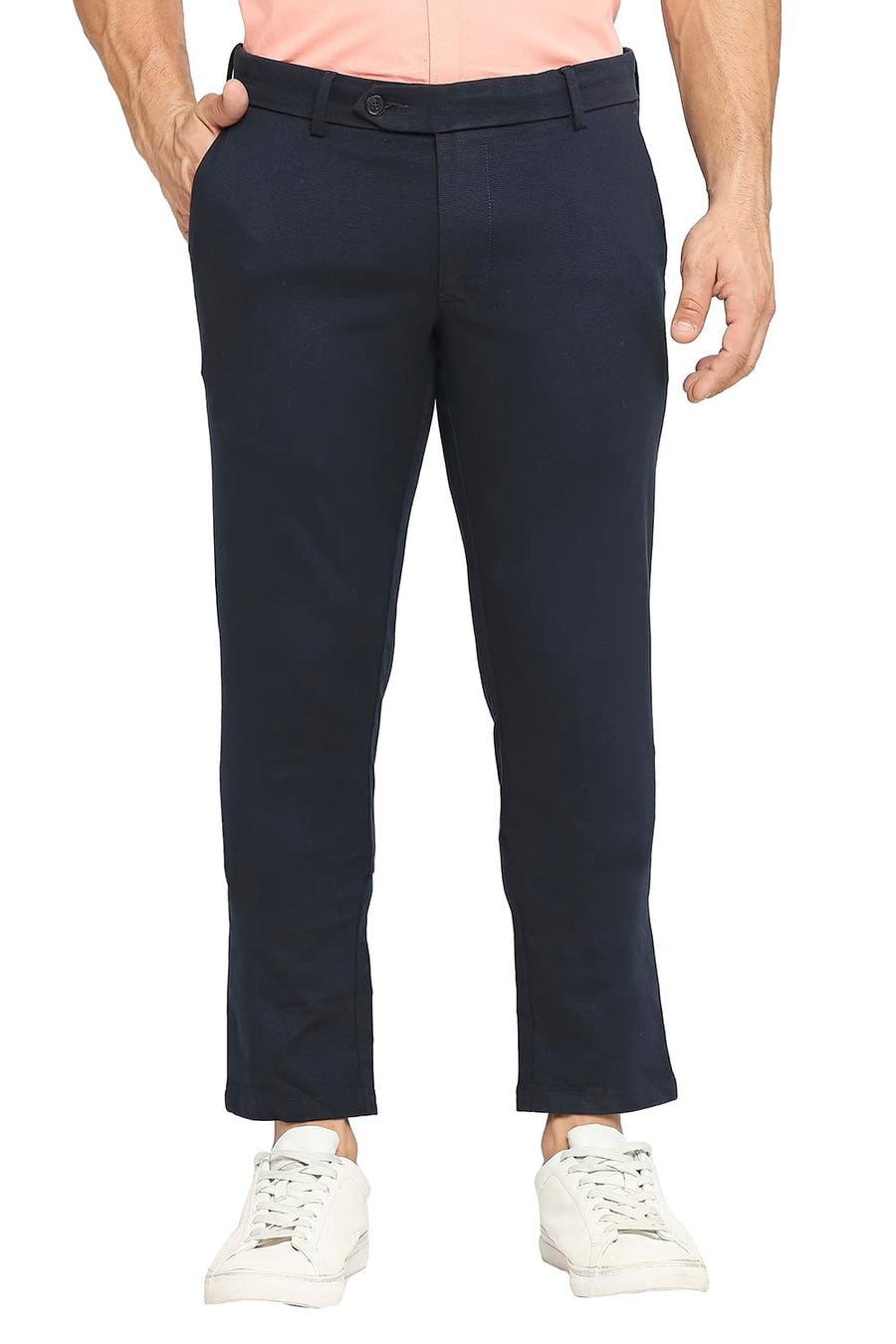 BASICS TAPERED FIT NAVY NIGHT COTTON TENCEL STRETCH DOBBY TROUSERS