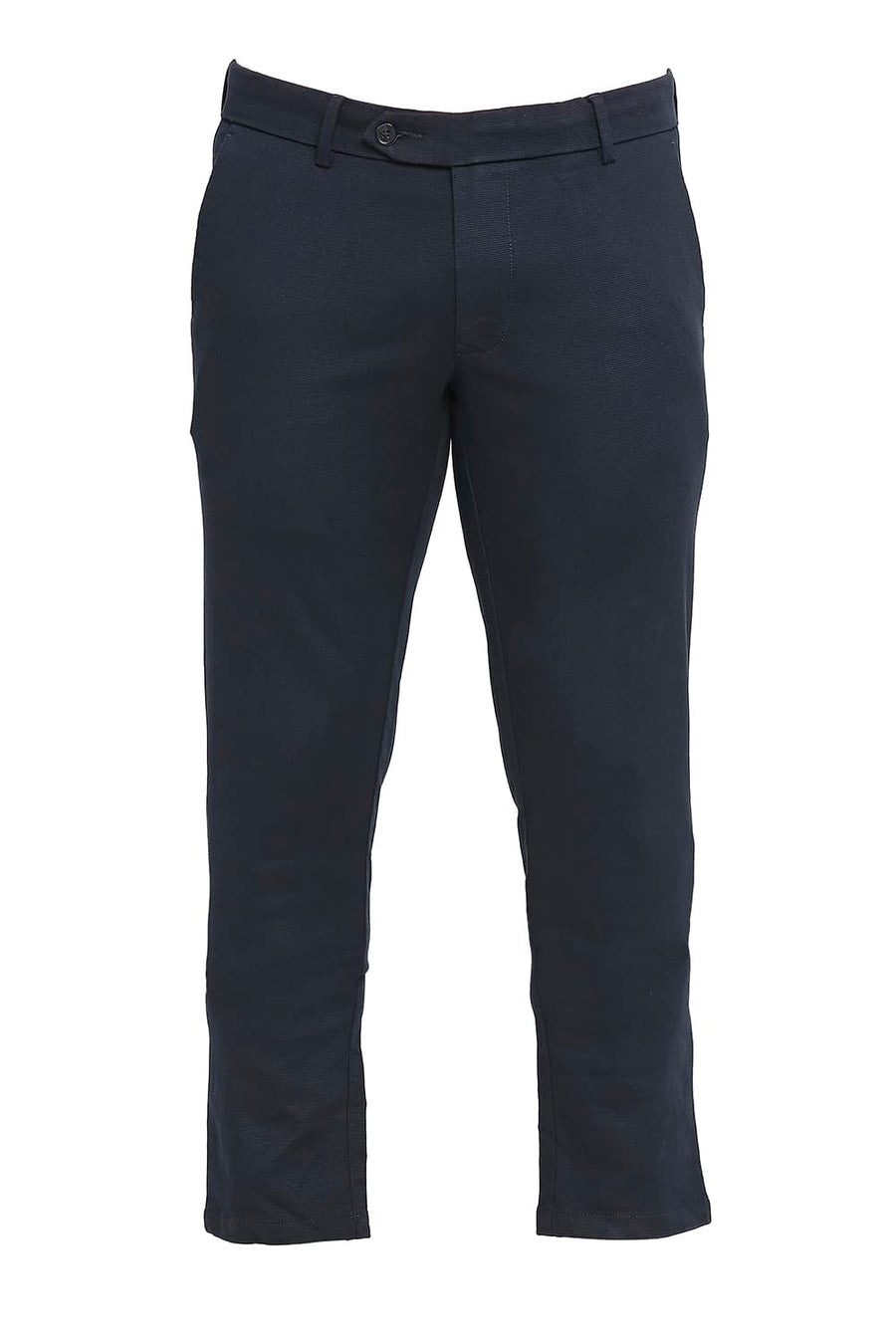 BASICS TAPERED FIT NAVY NIGHT COTTON TENCEL STRETCH DOBBY TROUSERS