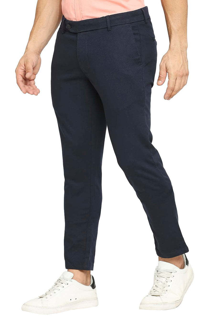 BASICS TAPERED FIT NAVY NIGHT COTTON TENCEL STRETCH DOBBY TROUSERS