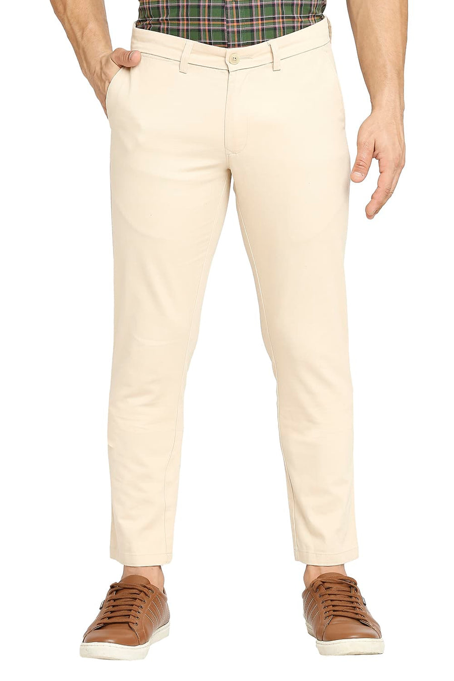 BASICS TAPERED FIT BISCOTTI BEIGE COTTON STRETCH DOBBY TROUSERS