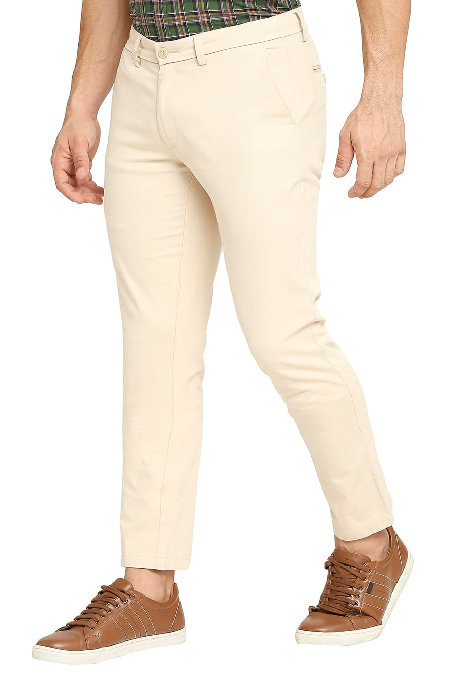 BASICS TAPERED FIT BISCOTTI BEIGE COTTON STRETCH DOBBY TROUSERS