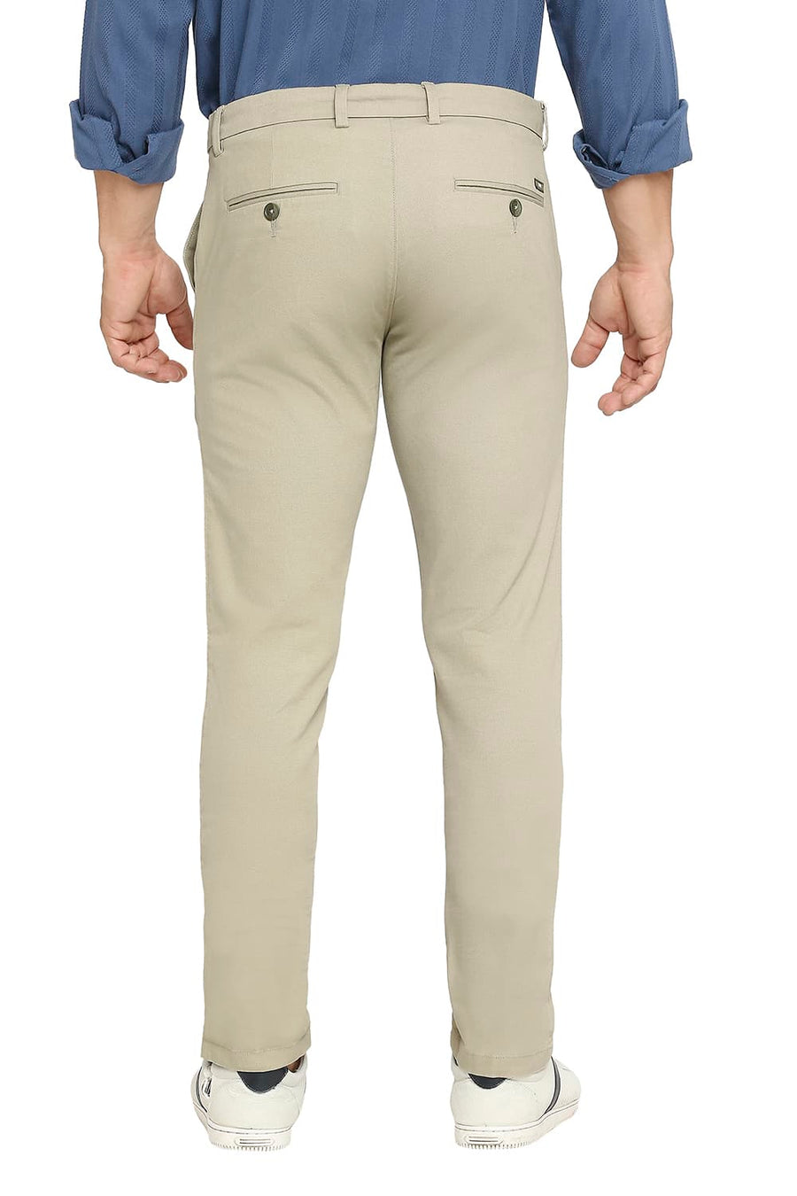 BASICS TAPERED FIT ELM GREEN COTTON STRETCH DOBBY TROUSERS