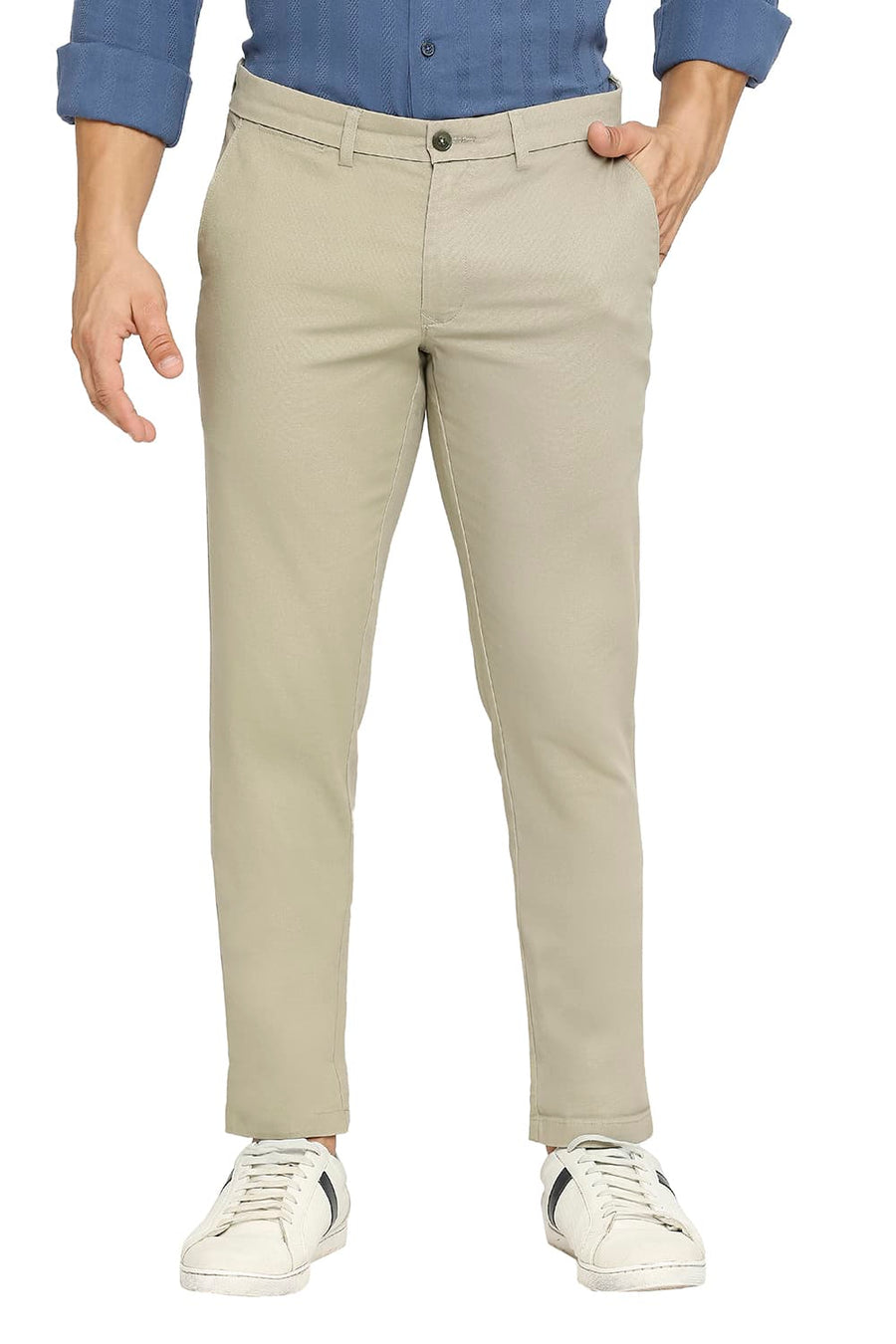BASICS TAPERED FIT ELM GREEN COTTON STRETCH DOBBY TROUSERS
