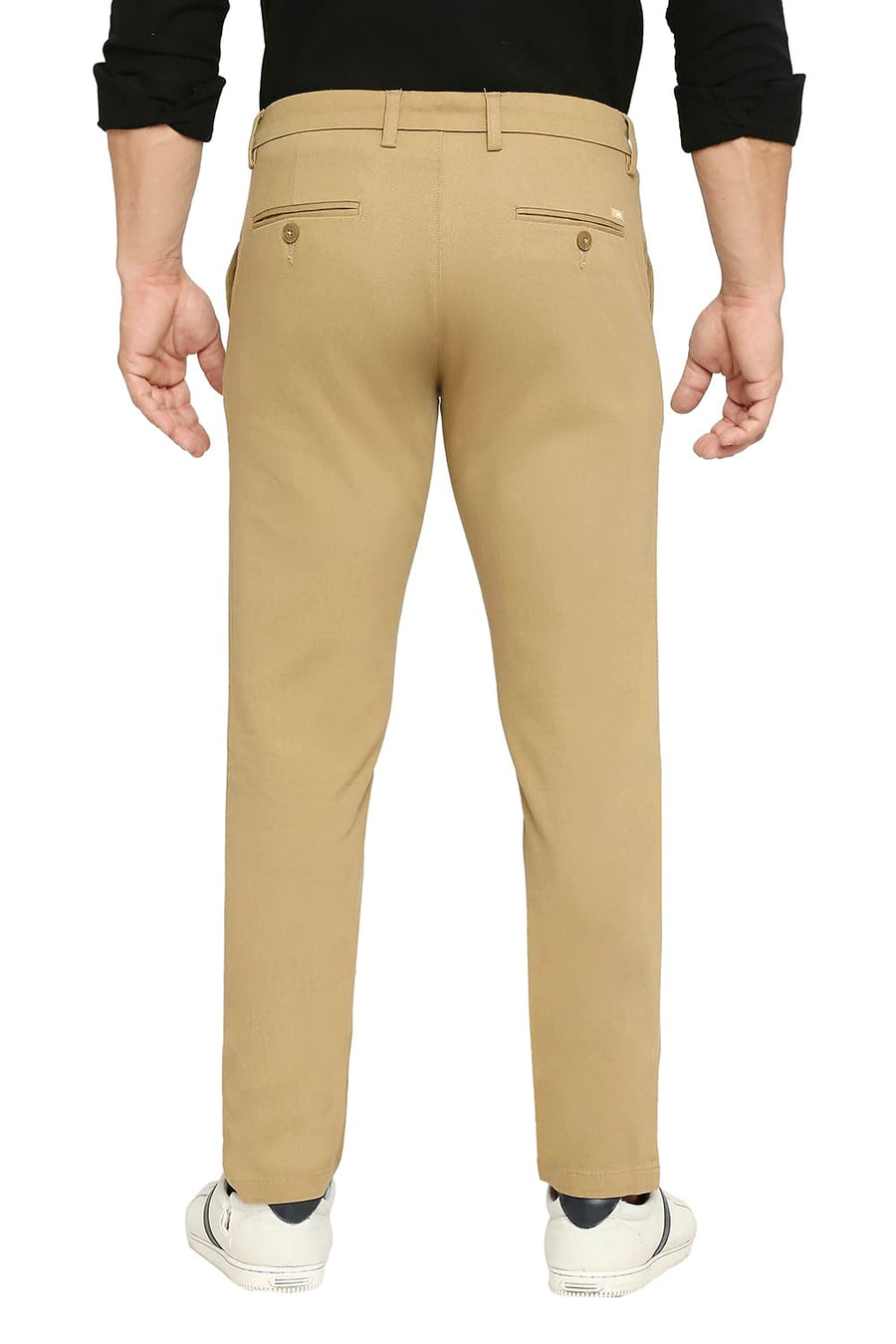 BASICS TAPERED FIT SAND KHAKI COTTON STRETCH DOBBY TROUSERS