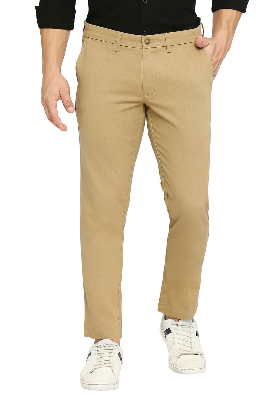 BASICS TAPERED FIT SAND KHAKI COTTON STRETCH DOBBY TROUSERS