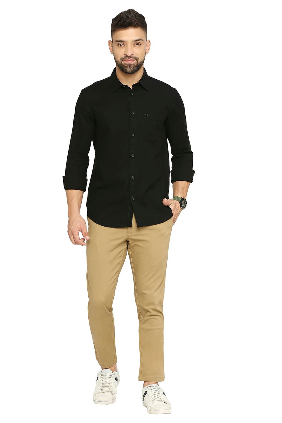 BASICS TAPERED FIT SAND KHAKI COTTON STRETCH DOBBY TROUSERS