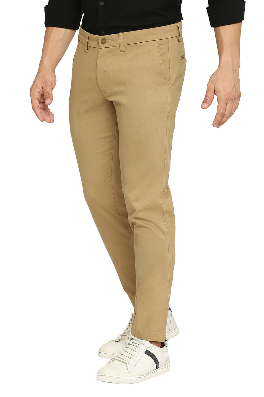 BASICS TAPERED FIT SAND KHAKI COTTON STRETCH DOBBY TROUSERS