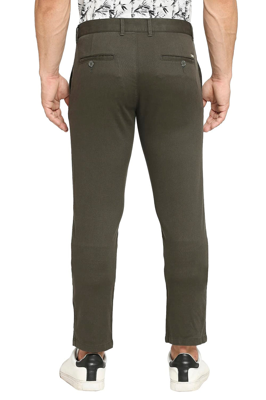 BASICS TAPERED FIT FOREST NIGHT GREEN COTTON STRETCH DOBBY TROUSERS