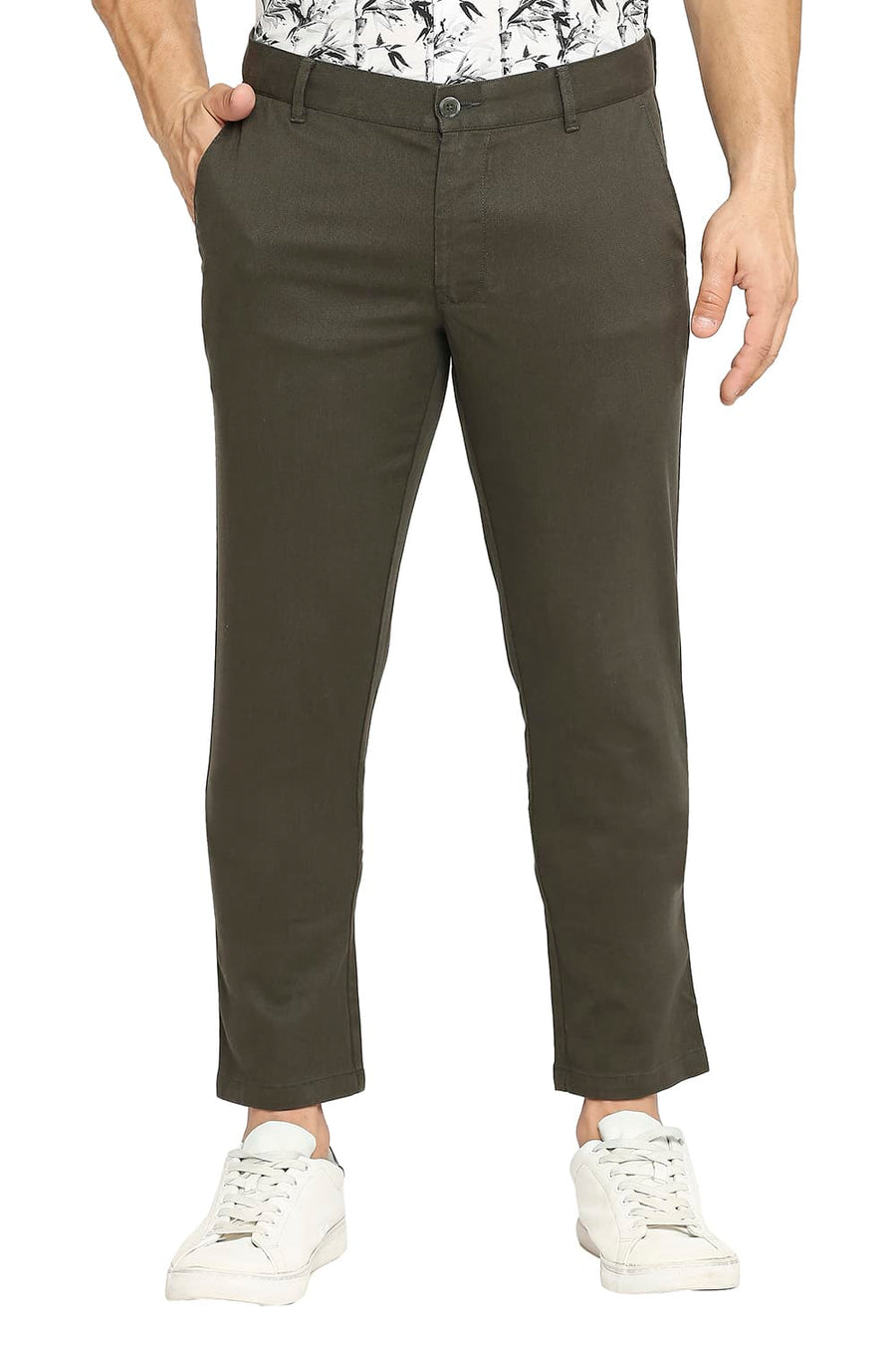 BASICS TAPERED FIT FOREST NIGHT GREEN COTTON STRETCH DOBBY TROUSERS