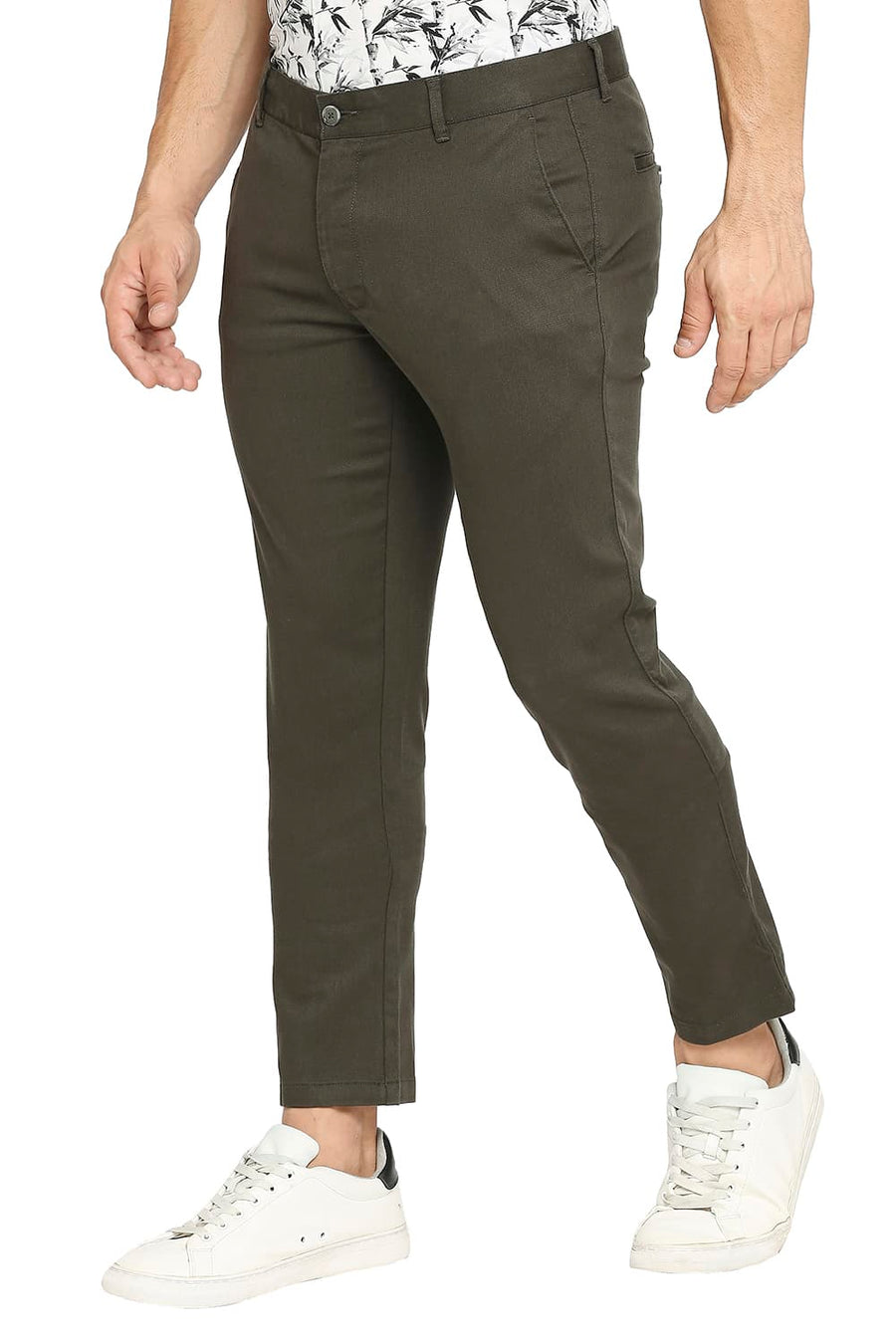 BASICS TAPERED FIT FOREST NIGHT GREEN COTTON STRETCH DOBBY TROUSERS