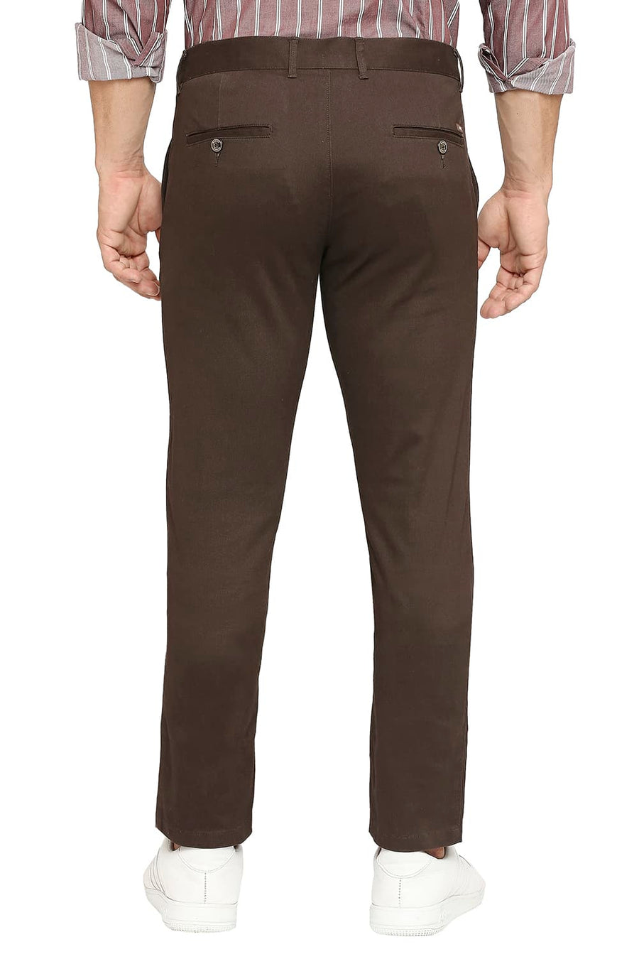 BASICS TAPERED FIT BEAN BROWN COTTON STRETCH DOBBY TROUSERS