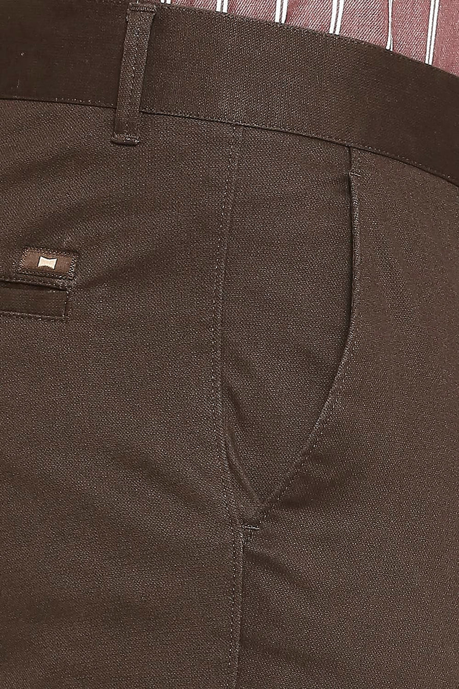 BASICS TAPERED FIT BEAN BROWN COTTON STRETCH DOBBY TROUSERS
