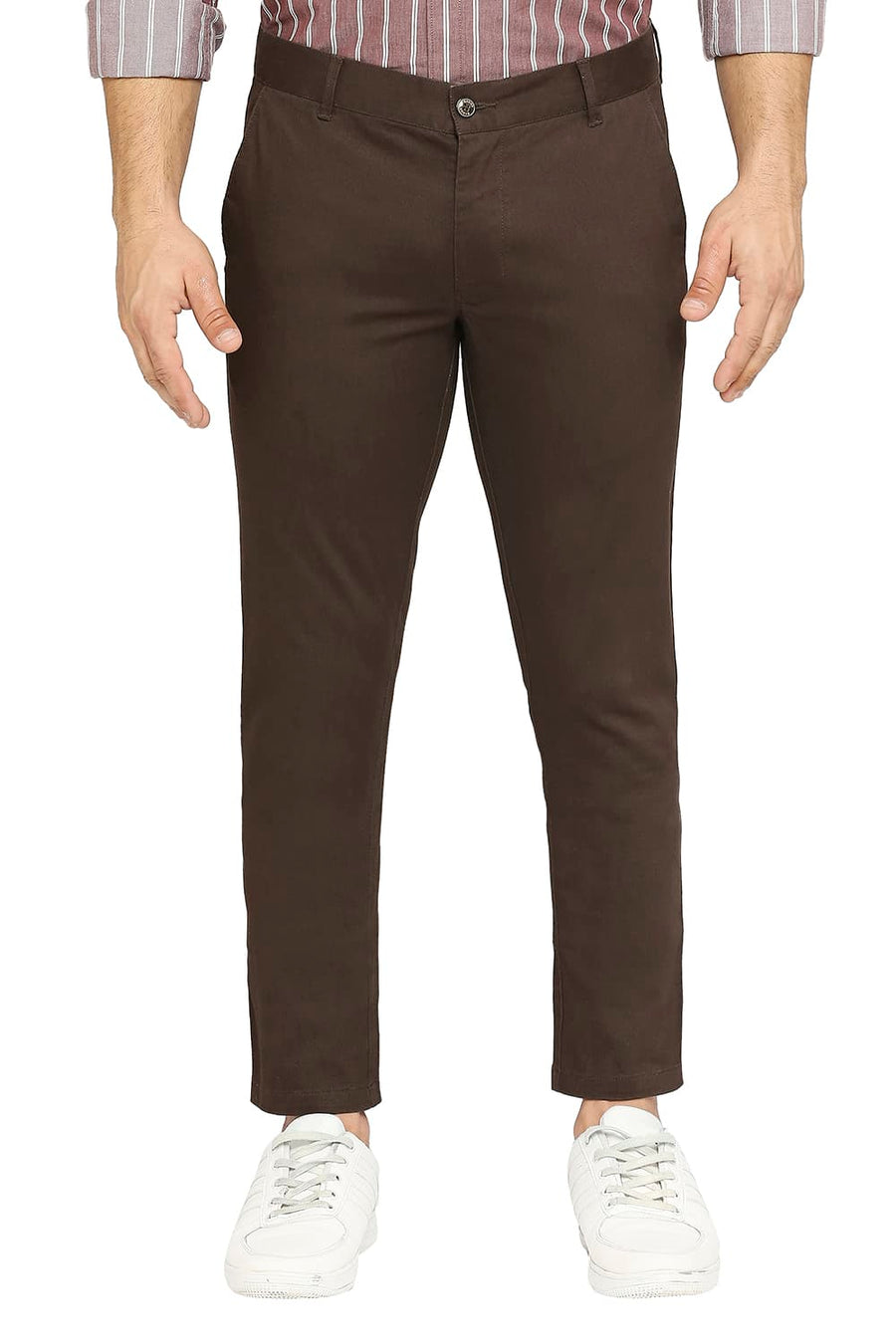 BASICS TAPERED FIT BEAN BROWN COTTON STRETCH DOBBY TROUSERS