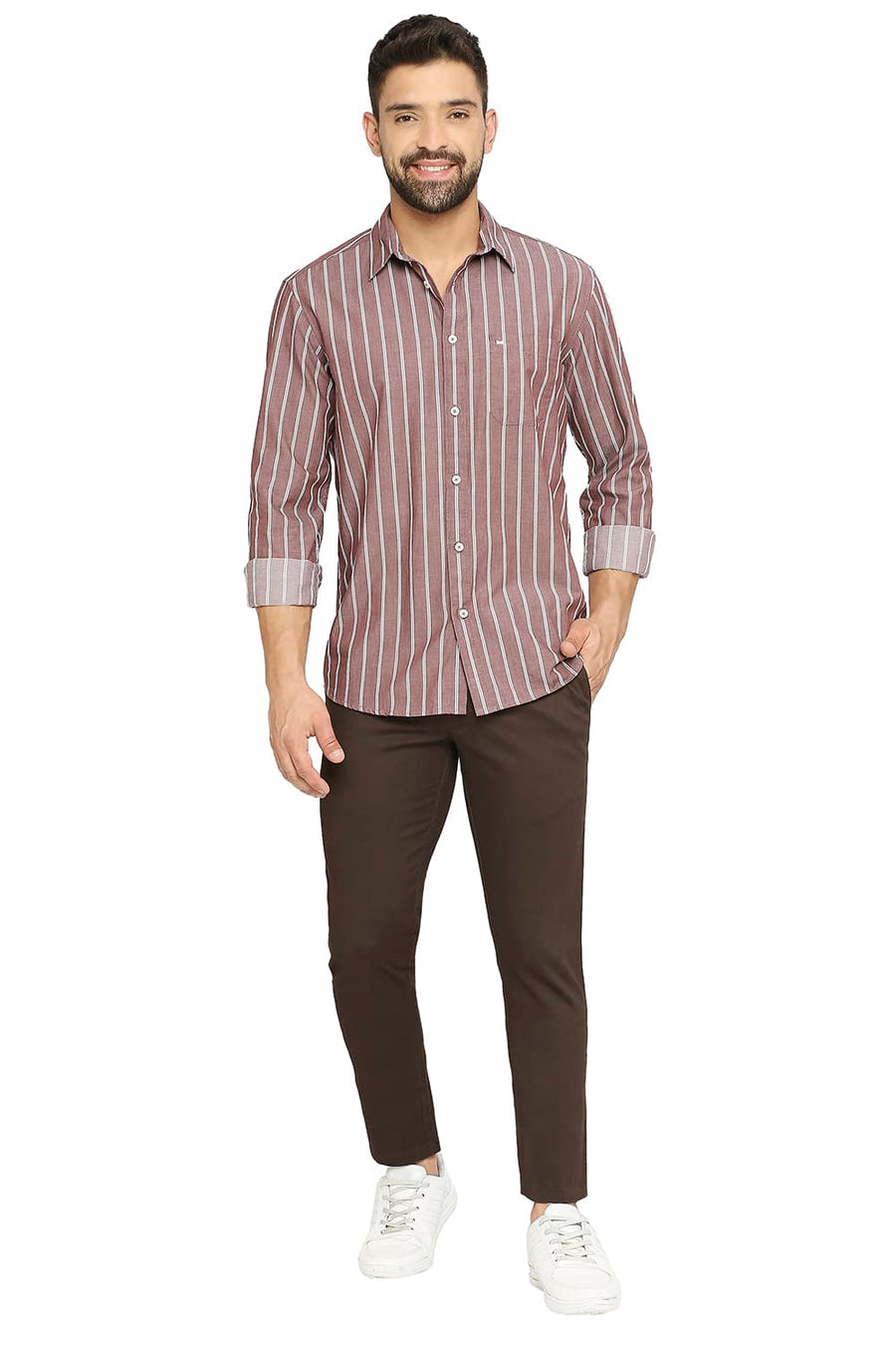 BASICS TAPERED FIT BEAN BROWN COTTON STRETCH DOBBY TROUSERS