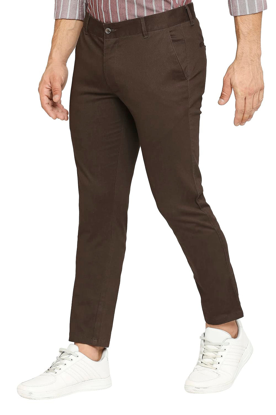 BASICS TAPERED FIT BEAN BROWN COTTON STRETCH DOBBY TROUSERS