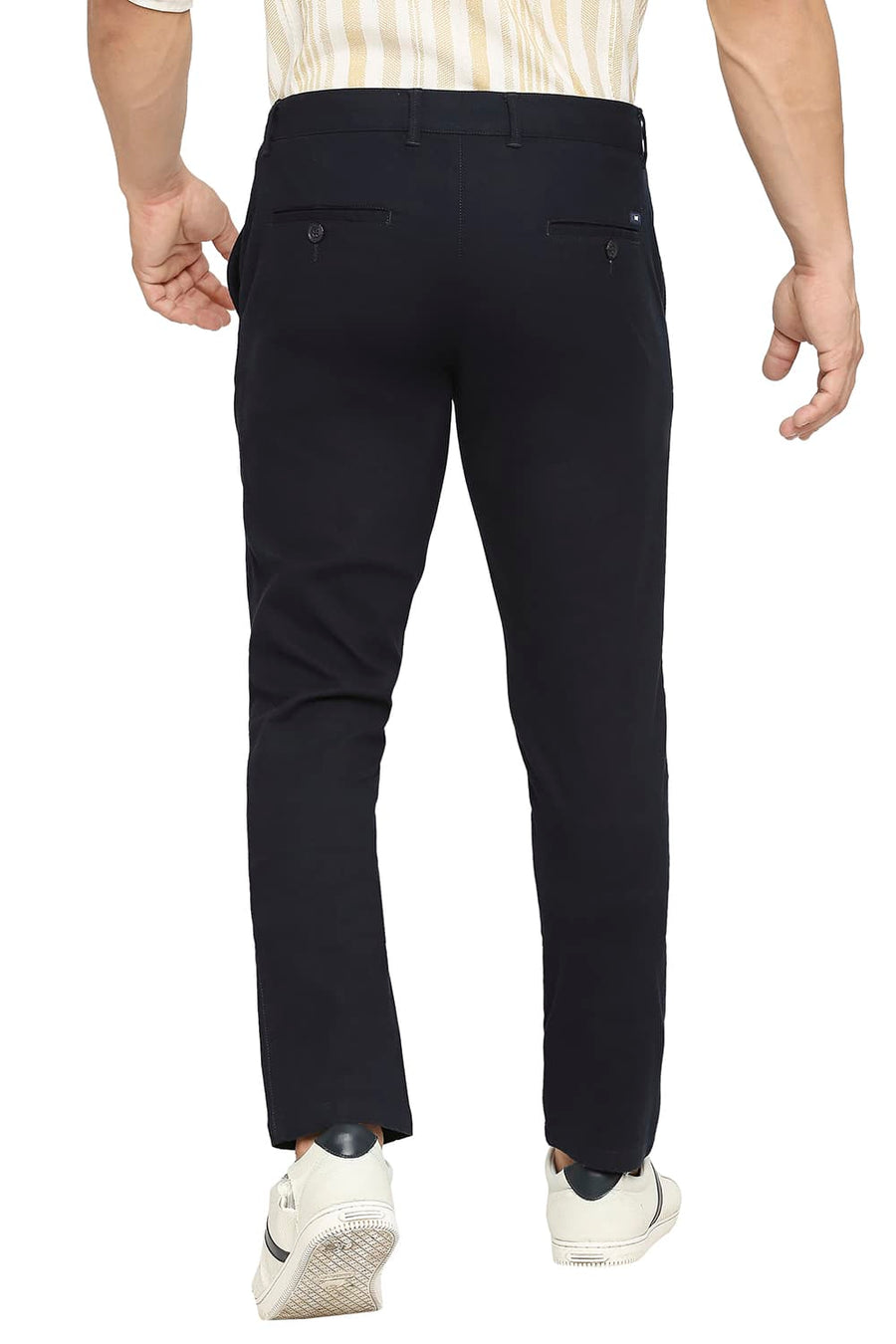 BASICS TAPERED FIT NAVY IRIS COTTON STRETCH DOBBY TROUSERS