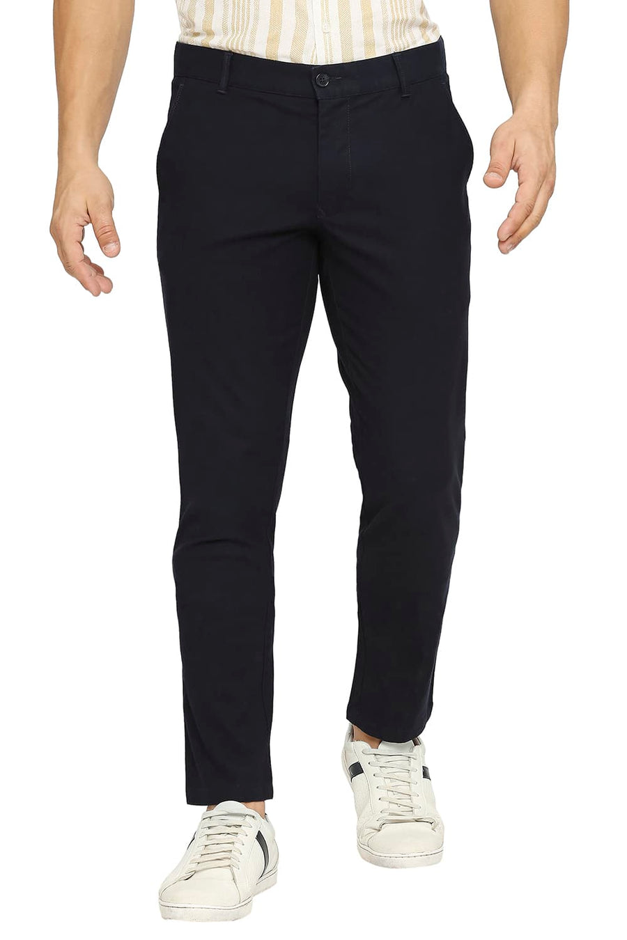 BASICS TAPERED FIT NAVY IRIS COTTON STRETCH DOBBY TROUSERS