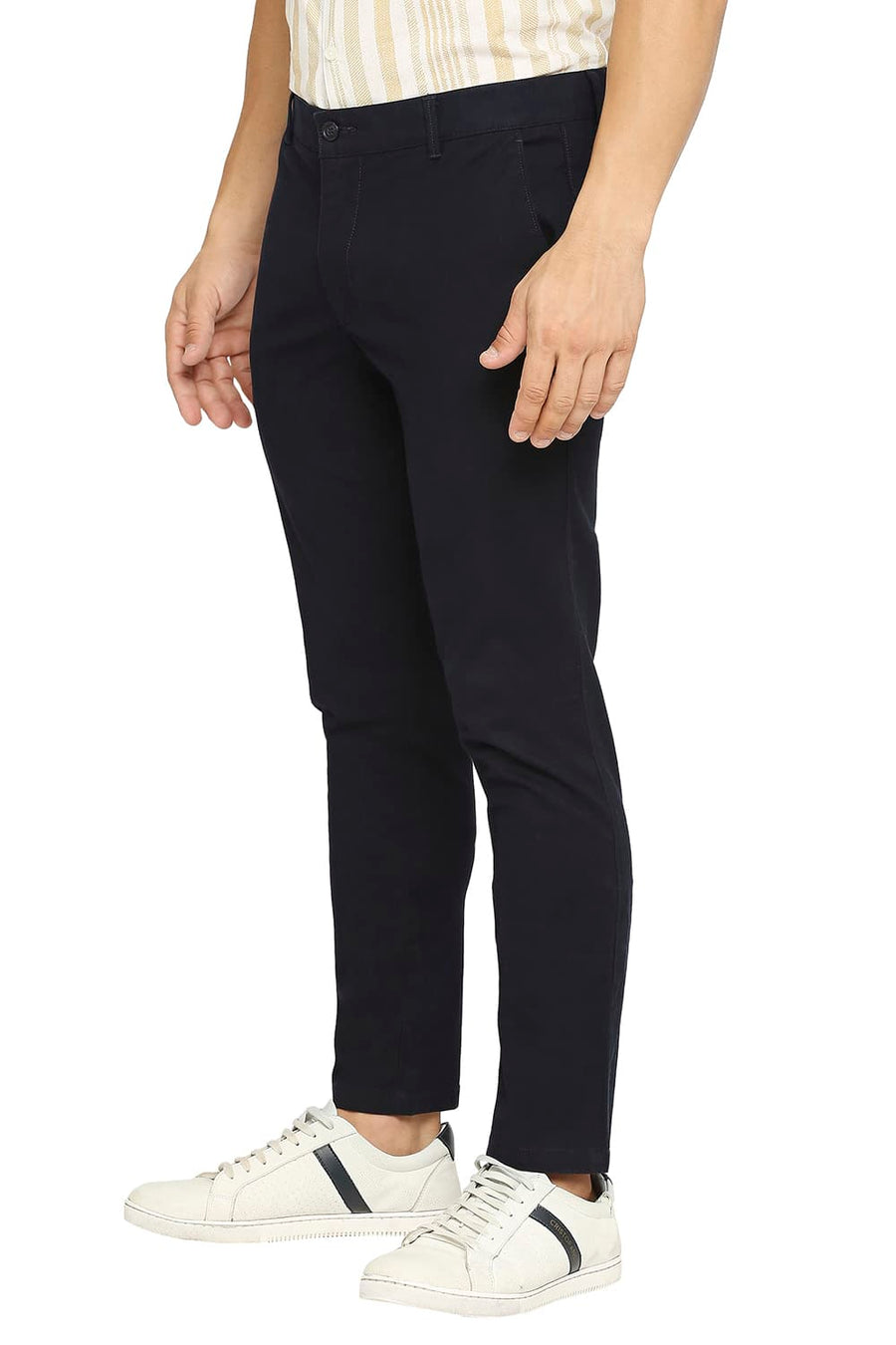 BASICS TAPERED FIT NAVY IRIS COTTON STRETCH DOBBY TROUSERS