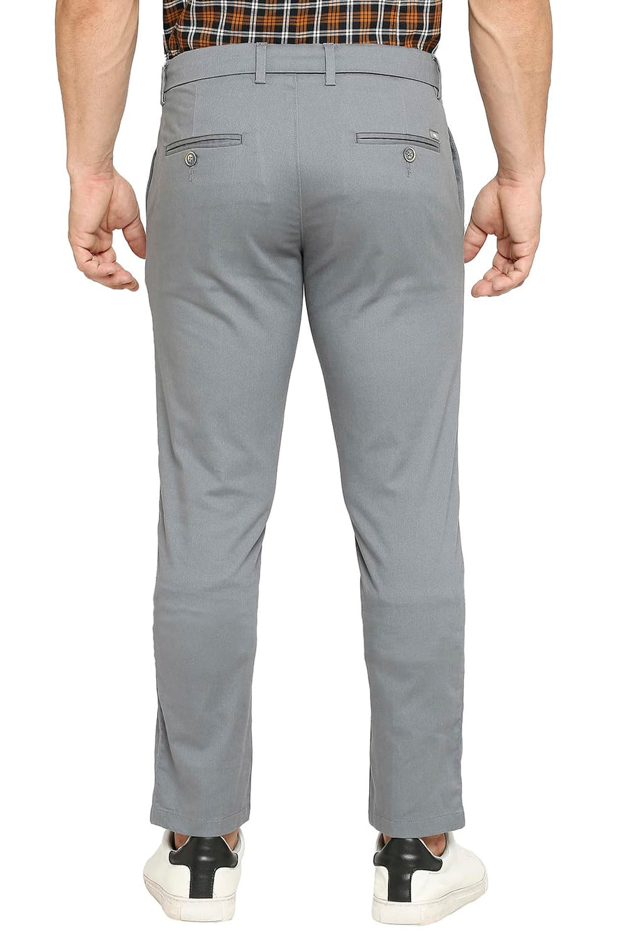 BASICS TAPERED FIT DUSTY GREY COTTON PLOYESTER STRETCH DOBBY TROUSERS