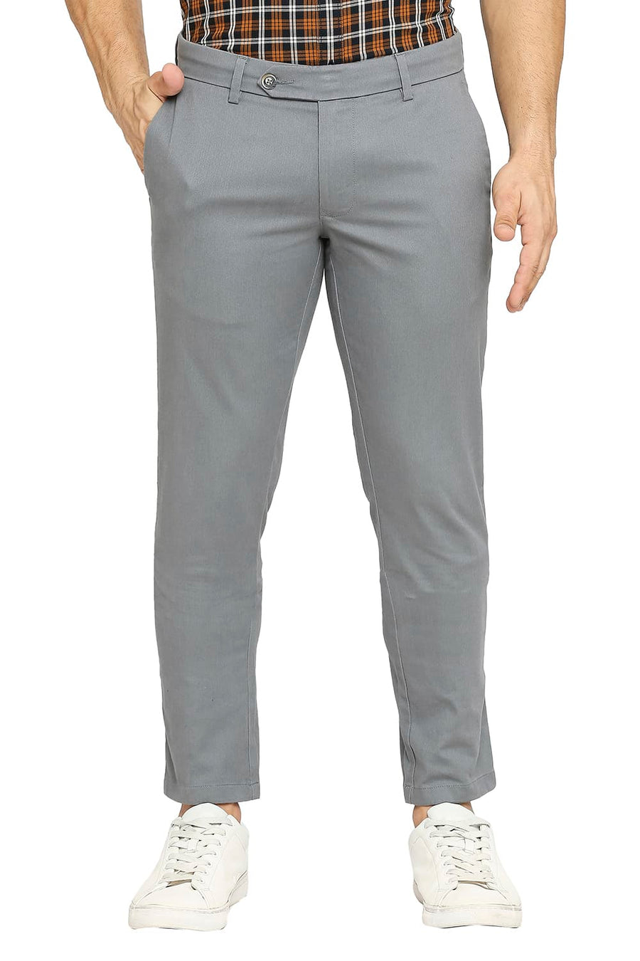 BASICS TAPERED FIT DUSTY GREY COTTON PLOYESTER STRETCH DOBBY TROUSERS