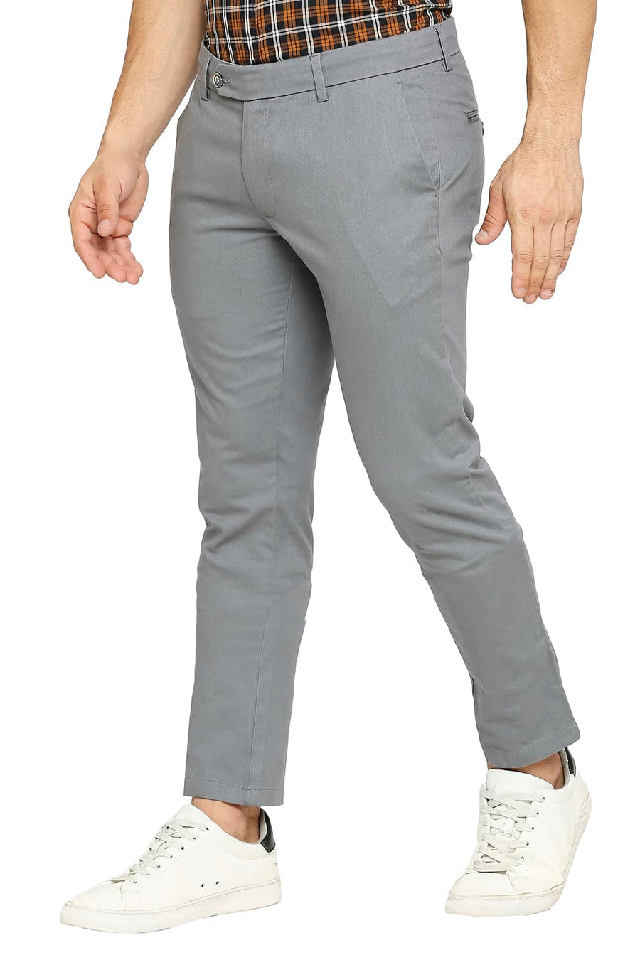 BASICS TAPERED FIT DUSTY GREY COTTON PLOYESTER STRETCH DOBBY TROUSERS
