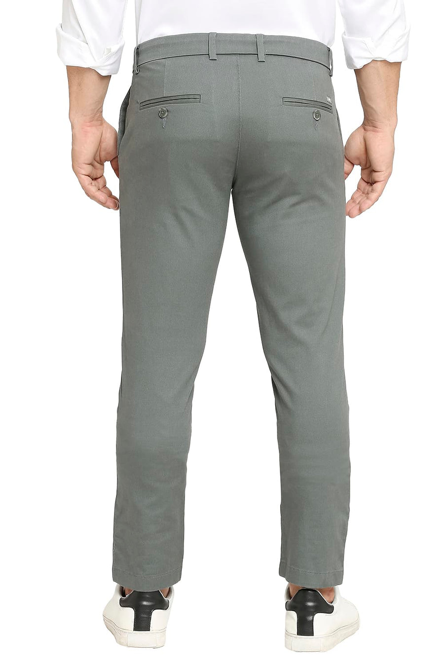 BASICS TAPERED FIT DUSTY GREEN COTTON PLOYESTER STRETCH DOBBY TROUSERS