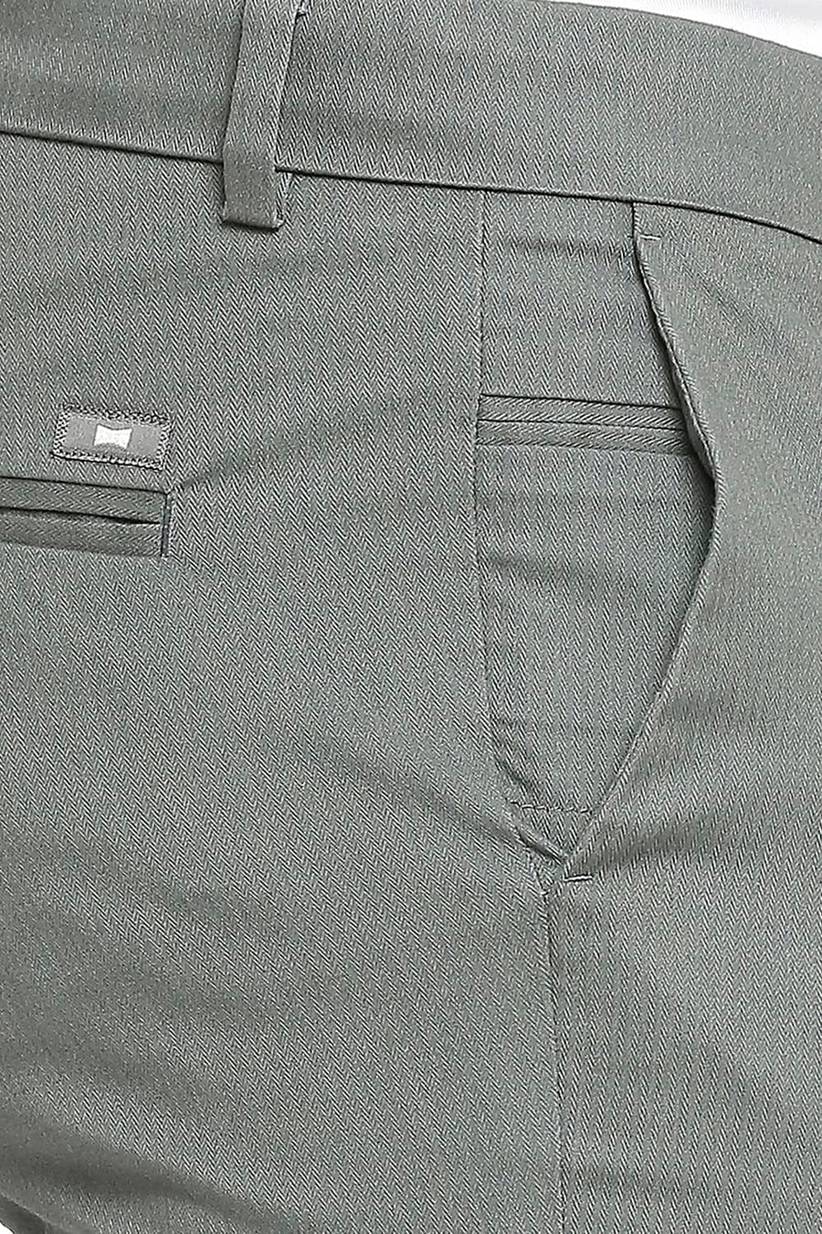 BASICS TAPERED FIT DUSTY GREEN COTTON PLOYESTER STRETCH DOBBY TROUSERS