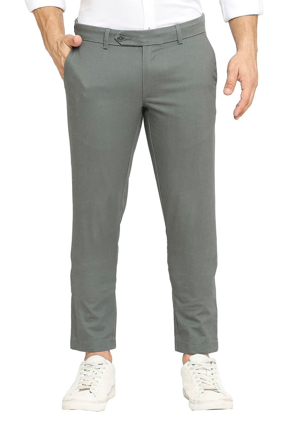 BASICS TAPERED FIT DUSTY GREEN COTTON PLOYESTER STRETCH DOBBY TROUSERS