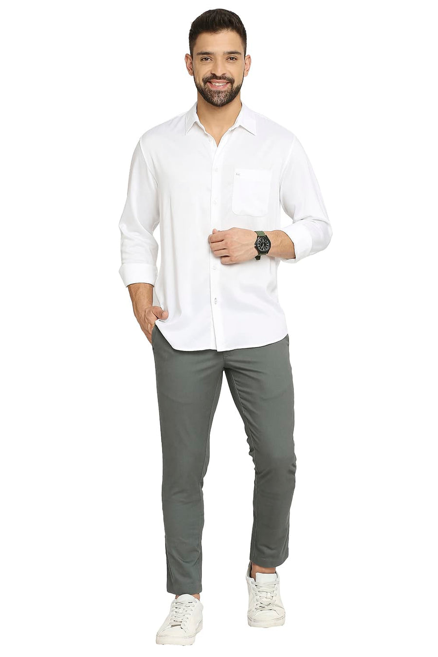 BASICS TAPERED FIT DUSTY GREEN COTTON PLOYESTER STRETCH DOBBY TROUSERS