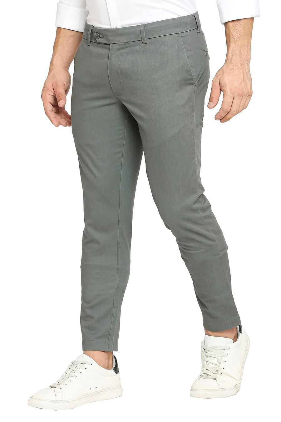 BASICS TAPERED FIT DUSTY GREEN COTTON PLOYESTER STRETCH DOBBY TROUSERS