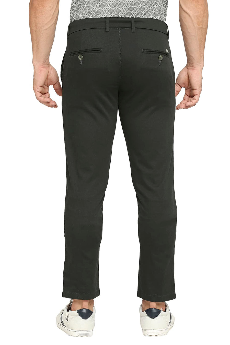 BASICS TAPERED FIT DUFFEL GREEN COTTON PLOYESTER STRETCH DOBBY TROUSERS
