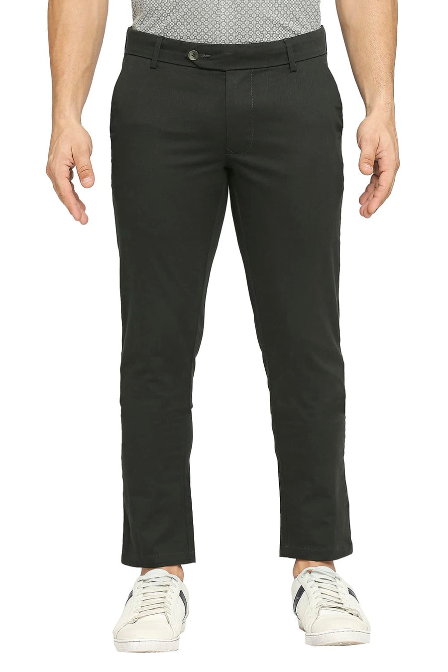 BASICS TAPERED FIT DUFFEL GREEN COTTON PLOYESTER STRETCH DOBBY TROUSERS