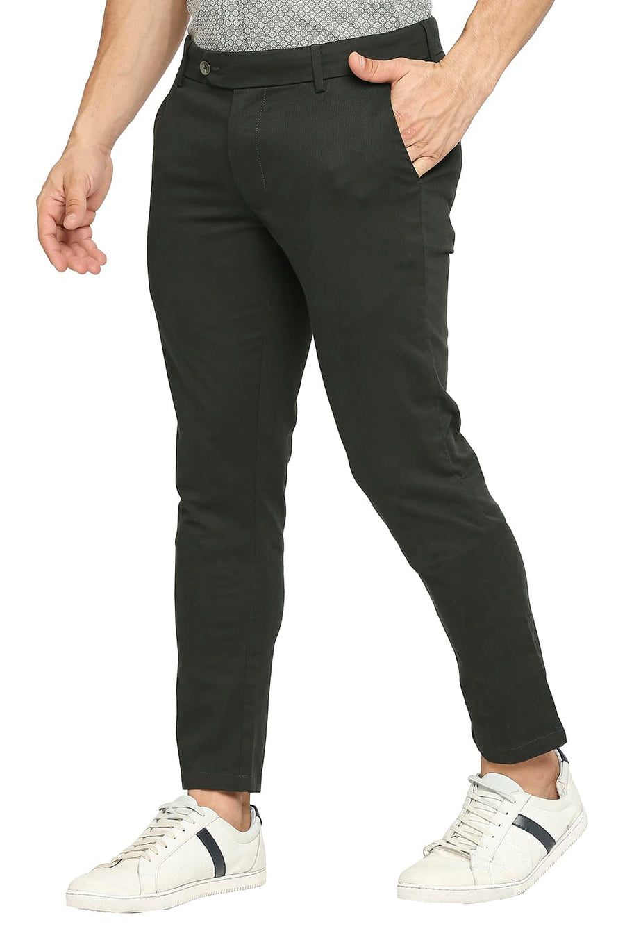 BASICS TAPERED FIT DUFFEL GREEN COTTON PLOYESTER STRETCH DOBBY TROUSERS