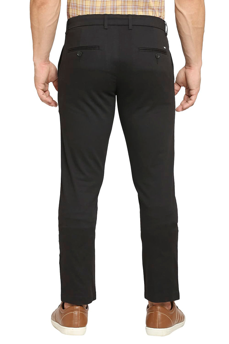 BASICS TAPERED FIT ANTHRACITE BLACK COTTON PLOYESTER STRETCH DOBBY TROUSERS