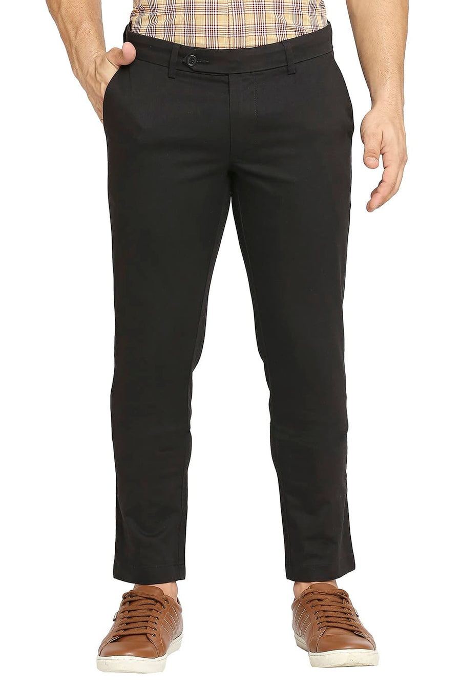BASICS TAPERED FIT ANTHRACITE BLACK COTTON PLOYESTER STRETCH DOBBY TROUSERS